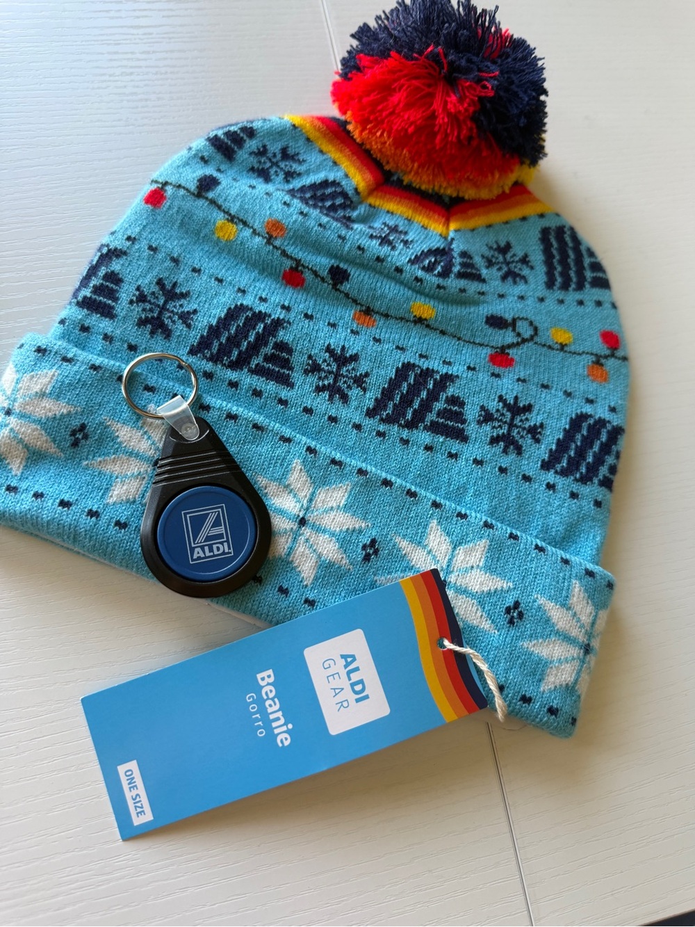 ALDI Gear Navy and Light Blue Pom Pom Beanie OS NWT with Quarter Keeper